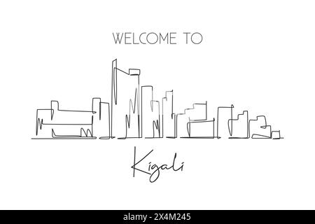 Una linea singola che disegna lo skyline di Kigali, Ruanda. Luogo storico paesaggio nell'arte da cartolina del mondo. La migliore destinazione per le vacanze. Trend tratto modificabile Illustrazione Vettoriale