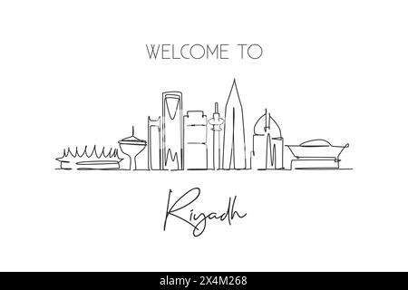 Una linea continua che disegna lo skyline della città di Riyadh, Arabia Saudita. Splendida cartolina. Turismo paesaggistico mondiale vacanze di viaggio. Elegante e modificabile Illustrazione Vettoriale