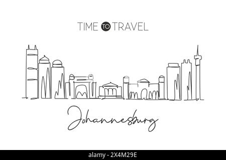 Una linea singola che disegna lo skyline di Johannesburg, Sudafrica. Luogo storico paesaggio cartolina. La migliore destinazione per le vacanze. Tratto modificabile alla moda Illustrazione Vettoriale