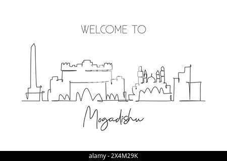 Una linea singola che disegna lo skyline della città di Mogadiscio, Somalia. Luogo storico, paesaggio nel mondo. Cartolina delle migliori destinazioni di vacanza. Trend tratto modificabile Illustrazione Vettoriale