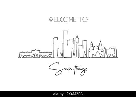 Una linea singola che disegna lo skyline di Santiago, Cile. Città storica del mondo con decorazioni a parete e stampa di poster. La migliore destinazione per le vacanze. Alla moda Illustrazione Vettoriale