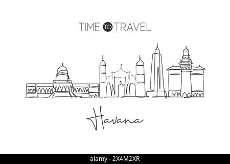 Linea singola continua che disegna lo skyline dell'Avana, Cuba. Il famoso paesaggio cittadino dei raschiatori. Destinazione turistica del mondo Home decor da parete poster stampa art concept. Illustrazione Vettoriale