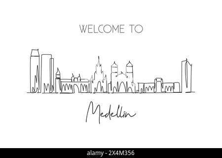 Un disegno su una sola linea dello skyline di Medellin, Colombia. Il paesaggio storico della città. La migliore destinazione per le vacanze. Tratto modificabile co Illustrazione Vettoriale