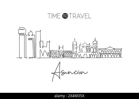 Un disegno continuo dello skyline della città di Asuncion, Paraguay. Splendido punto di riferimento. Turismo paesaggistico mondiale e vacanza di viaggio. Elegante stro modificabile Illustrazione Vettoriale