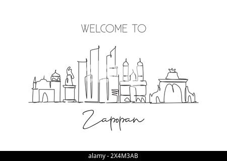 Una linea continua che disegna lo skyline della città di Zapopan in Messico. Splendida stampa da cartolina. Turismo paesaggistico mondiale vacanze di viaggio. Elegante e modificabile Illustrazione Vettoriale