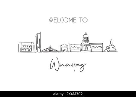 Una linea singola che disegna lo skyline di Winnipeg, Canada. Il paesaggio storico della città. Cartolina della migliore destinazione per le vacanze. Trend tratto modificabile Illustrazione Vettoriale