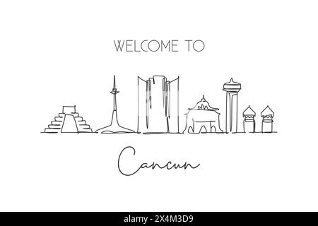 Una linea continua che disegna lo skyline di Cancun, Messico. Splendida cartolina. Turismo paesaggistico mondiale e vacanza di viaggio. st. Elegante modificabile Illustrazione Vettoriale