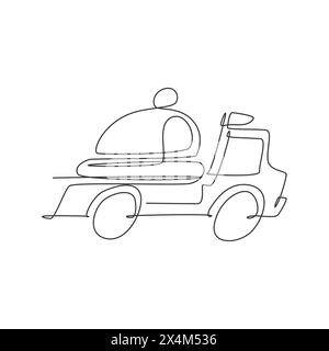 Un disegno a linea continua, cassone per camion, copertura per vassoio per il trasporto di auto, emblema del logo del servizio di consegna di cibo. Servizio di consegna del cibo presso il Cafe Shop. Si moderna Illustrazione Vettoriale