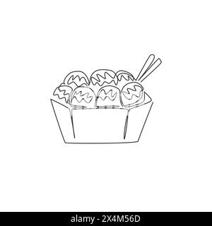 Un disegno continuo con il logo del ristorante giapponese takoyaki. Concetto di modello del logotipo del negozio Seafood Cafe. Cantate in stile moderno Illustrazione Vettoriale