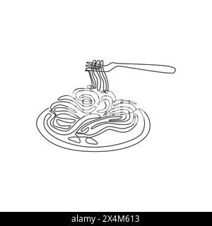 Un disegno continuo di deliziosi spaghetti italiani freschi con il logo del ristorante. Concetto di modello di logotipo del negozio di fast food Italia. Illustrazione Vettoriale