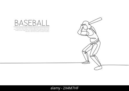 Linea singola continua che disegna una giovane agile giocatrice di baseball che pratica per colpire la palla. Concetto di esercizio sportivo. Grafica di tendenza con disegno a una linea Illustrazione Vettoriale