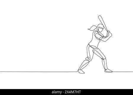 Un disegno su una linea di una giovane energica giocatrice di baseball si pratica per colpire l'illustrazione del vettore della palla. Concetto di allenamento sportivo. Continuo moderno Illustrazione Vettoriale