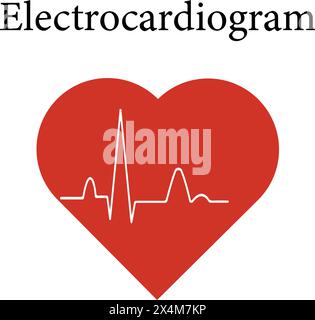 Icona piatta dell'ECG nel cuore. Illustrazione vettoriale del battito cardiaco Illustrazione Vettoriale