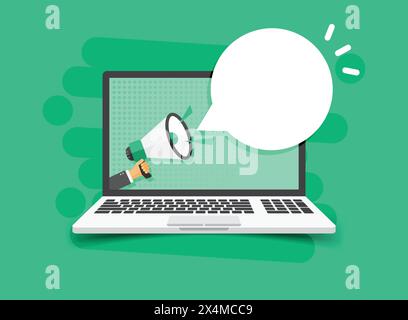 Icona di notifica del notebook in stile piatto. Illustrazione vettoriale del computer su sfondo isolato. Il megafono segnala il concetto di business. Illustrazione Vettoriale