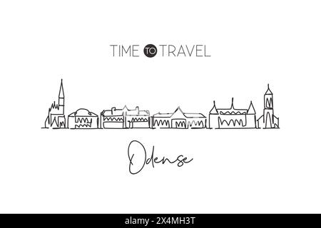 Una linea continua che disegna lo skyline di Odense, Danimarca. Splendido arredamento per la casa, stampa di poster da parete. Turismo paesaggistico mondiale vacanze di viaggio. St Illustrazione Vettoriale