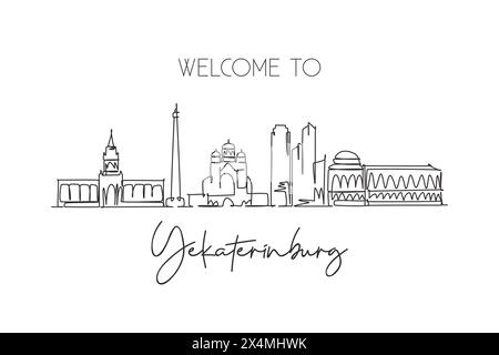 Una linea continua che disegna lo skyline della città di Ekaterinburg in Russia. Splendida cartolina. Turismo paesaggistico mondiale vacanze di viaggio. Elegante e modificabile Illustrazione Vettoriale