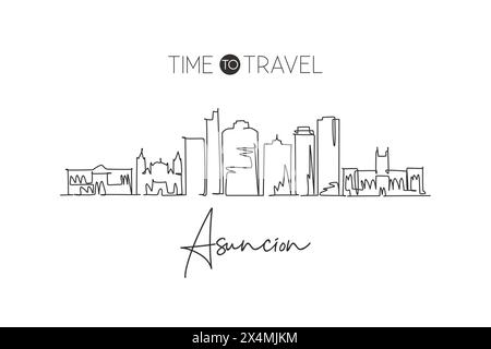 Disegno a linea singola continua dello skyline di Asuncion, Paraguay. Famoso raschietto e paesaggio cittadino. Concetto di destinazione di viaggio mondiale. Strok modificabile Illustrazione Vettoriale