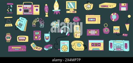 elementi retrò anni '90 o anni '80, o elementi y2k, stile retrò, giochi e musica. Può essere utilizzato per adesivi, striscioni, biglietti d'auguri. Illustrazione Vettoriale