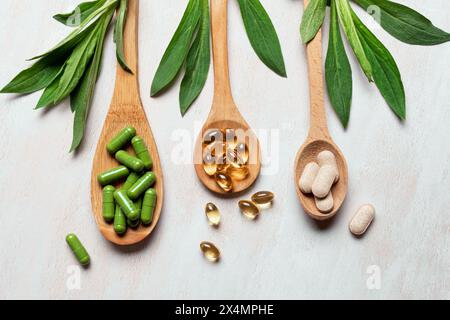 Capsule di integratori e vitamine su cucchiai di legno con foglie di piante verdi su sfondo bianco, vista dall'alto, posa piatta. Integratori biologici naturali, curativi Foto Stock