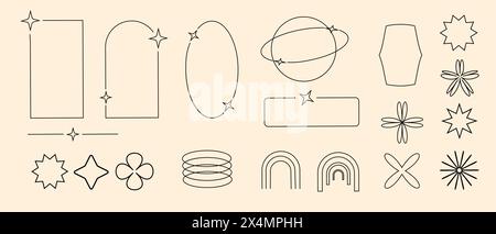 set di elementi retrò y2k, elementi anni '90 o '2000 di arco e stelle, forme in stile minimalista moderno Illustrazione Vettoriale