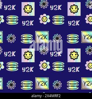 modello anni '2000 con adesivi ologrammi, sorrisi, virgolette e forme brillanti. elementi y2k motivo o sfondo senza cuciture. Design futuristico retrò. Illustrazione Vettoriale