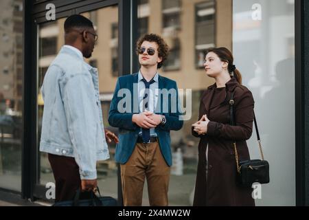 Tre giovani professionisti impegnati in una riunione di lavoro all'aperto in un ambiente cittadino Foto Stock