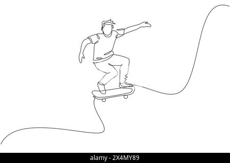 Disegnare una singola linea continua di un giovane uomo skateboarder che cavalca pattinaggio e fa il salto nello skate Park. Pratica di sport all'aperto. Illustrazione Vettoriale