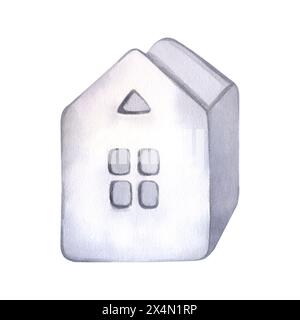 Casa di ceramica bianca, fatta a mano da uno studio di ceramica. Portacandele torcia, vaso, matita e supporto spazzola. Illustrazione disegnata a mano isolata Foto Stock