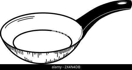 Padella in formato vettoriale per la cucina. Una padella con impugnatura nera viene disegnata in vettoriale con un contorno nero su sfondo bianco. Illustrazione Vettoriale