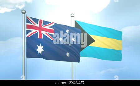Bandiera 3D dell'Australia e delle Bahamas sul cielo blu con sole splendente Foto Stock
