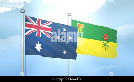 3D Flag of Australia e Saskatchewan su Blue Sky con Sun Shine Foto Stock