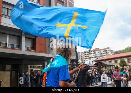 Oviedo, Spagna, 4 maggio 2024: Un uomo batte la bandiera delle Asturie durante la dimostrazione per Officialidá, il 4 maggio 2024, a Oviedo, Spagna. Crediti: Alberto Brevers / Alamy Live News. Foto Stock