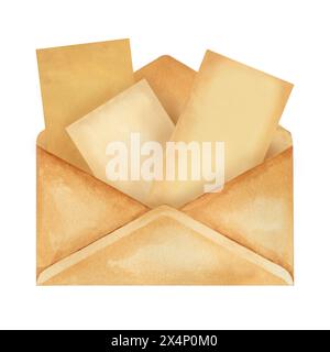 Vecchia busta vuota fatta di carta pergamena beige da un set di scrittura vintage. Illustrazione acquerello per un modello per Book Day, History Know Foto Stock