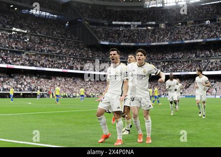 Madrid, Spagna. 4 maggio 2024. Stadio Santiago Bernabéu MADRID, SPAGNA - 04 MAGGIO: Brahim Diaz del Real Madrid celebra un gol durante la partita della Liga 2023/24 tra il Real Madrid e Cadice allo stadio Santiago Bernabeu. (Foto di Guillermo Martinez) GM (Guillermo Martinez/SPP) credito: SPP Sport Press Photo. /Alamy Live News Foto Stock