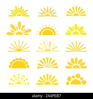 Semplice illustrazione piatta vettoriale gialla a metà sole disegnata a mano con forma a semicerchio al centro, tramonto estivo carino, immagine dell'alba per logo, carte, arredamento, concetto di vacanza, vacanza, design estivo per bambini Illustrazione Vettoriale