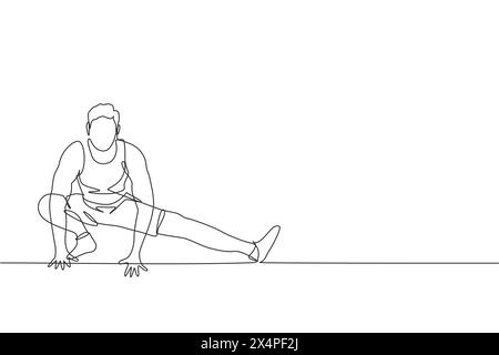 Un disegno continuo di un giovane uomo sportivo che si allena allungando la gamba nel centro fitness. Concetto di sport fitness sano. Canto dinamico Illustrazione Vettoriale