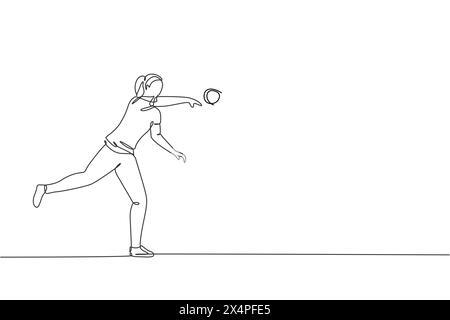 Un unico disegno continuo di una giovane donna sportiva si pratica per lanciare con forza un colpo messo sullo stadio del campo. Concetto di sport per i giochi sportivi. Tendenza Illustrazione Vettoriale