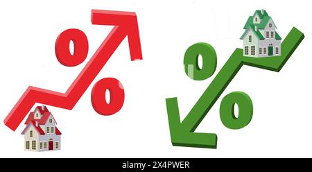 Le frecce del tasso di interesse del mutuo domestico sono rosse per l'alto e verdi per il basso, con una casa nell'immagine e un segno percentuale. Questa è una figura in 3D. Foto Stock