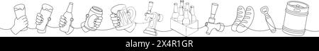 Il birrificio imposta un disegno continuo di una linea. Fusto in metallo, apribottiglie, salsicce, spillatore di birra, lattina, illustrazione continua di vetro, tazza, bottiglie su una linea. Illustrazione Vettoriale