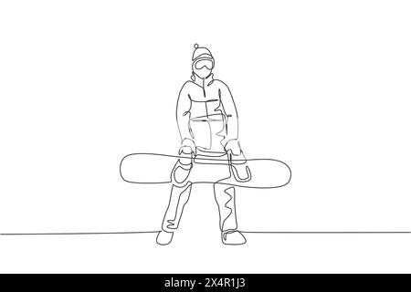 Un disegno continuo di un giovane snowboarder sportivo che tiene in mano lo snowboard sulle alpi innevate montagne polverose. Stile di vita invernale. DIN Illustrazione Vettoriale