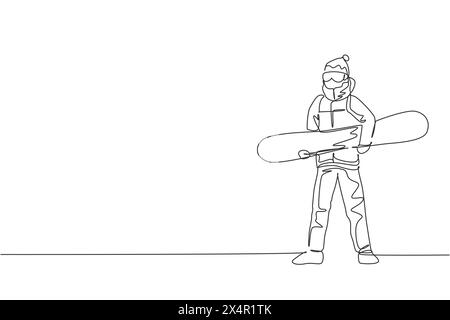 Un disegno continuo di un giovane snowboarder sportivo che tiene snowboard nelle alpi innevate montagne innevate. Stile di vita invernale. Dinamica S Illustrazione Vettoriale