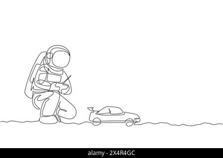 Un disegno su una sola riga dell'astronauta che gioca il controllo radio delle auto da corsa nella grafica del vettore di terra lunare. Fare hobby mentre tempo libero in profondità Illustrazione Vettoriale
