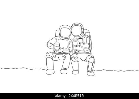 Una linea singola che disegna due giovani astronauti felici seduti mentre bevono un caffè insieme nell'illustrazione grafica vettoriale della superficie lunare. Esterno cosmonauta Illustrazione Vettoriale