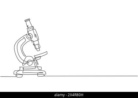 Microscopio da laboratorio continuo a una linea per aiutare il medico a scoprire il vaccino. Ritorno a scuola concetto di minimalismo disegnato a mano. desi. Traccia linea singola Illustrazione Vettoriale