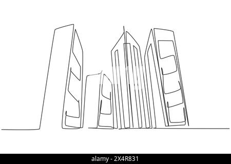 Disegno continuo su una linea di alti grattacieli nella grande città. Quartiere degli uffici, design minimalista disegnato a mano. Camera singola moderna Illustrazione Vettoriale