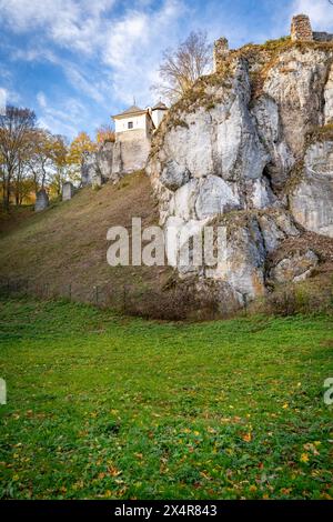 Castello di Ojców situato nell'altopiano di Kraków-Częstochowa, parte del sistema di castelli noti come i nidi dell'Aquila, che proteggono il confine meridionale della Polonia. Foto Stock