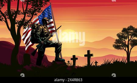 Veterans Day, Memorial Day, Independence Day o Patriot Day. Immagine vettoriale del soldato e della bandiera degli Stati Uniti all'alba Illustrazione Vettoriale