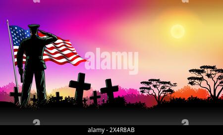 Sfondo del Memorial Day o dell'Independence Day, soldato con lapidi e bandiera degli Stati Uniti al tramonto Illustrazione Vettoriale