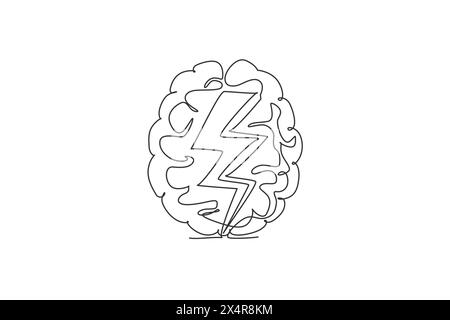 Un disegno a linea continua di thunderbolt colpisce all'interno dell'icona del logo Human Brain. Processo rapido di concetto del modello di simbolo del logotipo di pensiero. Cantate alla moda Illustrazione Vettoriale