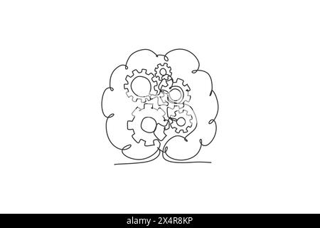 Disegno a linea singola continua di ingranaggi ruota in metallo all'interno del cervello umano per l'etichetta del logo dell'azienda tecnologica. Informazioni sull'icona del logotipo meccanico. Uno moderno Illustrazione Vettoriale